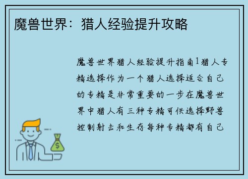 魔兽世界：猎人经验提升攻略